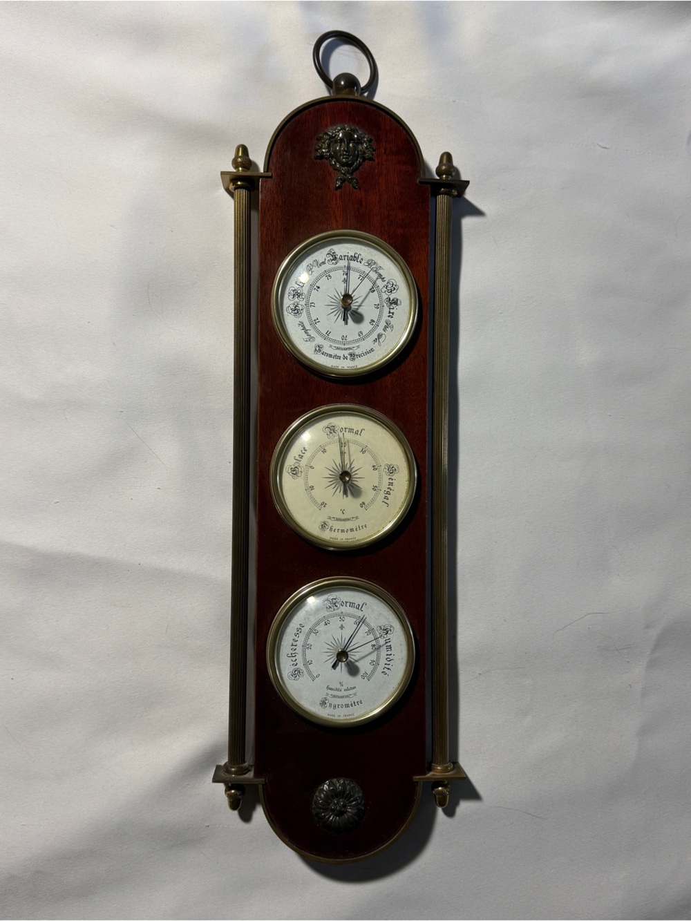 Vintage Sofameteo Classic Brown Wood Wall Weather Station with Brass Accents